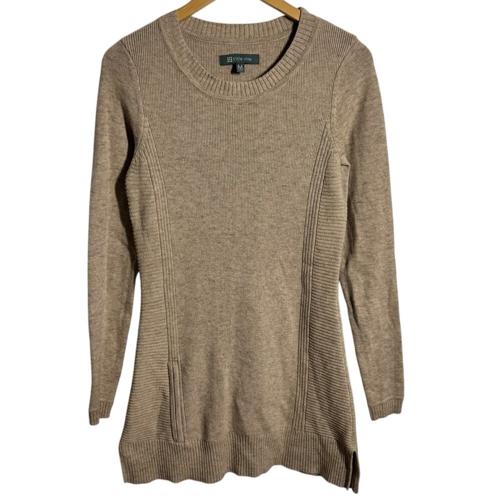 Title Nine Wool Blend Knit Sweater Dress Tunic Crew Neck Women M‎ Tan Sport Golf
